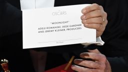 HOLLYWOOD, CA - FEBRUARY 26:  Detail shot as 'La La Land' producer Jordan Horowitz holds up the winner card reading actual Best Picture winner 'Moonlight' onstage during the 89th Annual Academy Awards at Hollywood & Highland Center on February 26, 2017 in Hollywood, California.  (Photo by Kevin Winter/Getty Images)