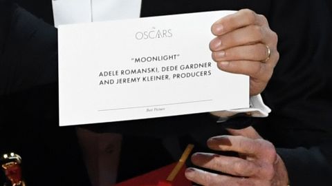 Producer Jordan Horowitz holds up the "Best Picture" winner card — for "Moonlight," not "La La Land," as had been previously announced — onstage during the 89th Annual Academy Awards on February 26, 2017.