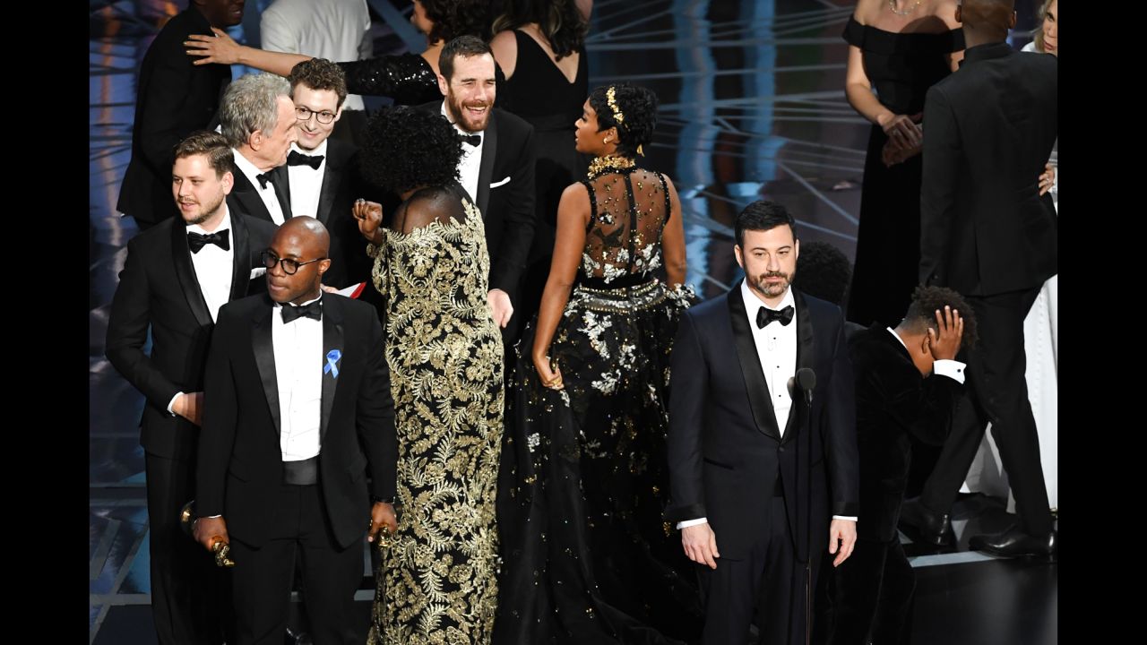 Kimmel speaks as the cast and crew of "Moonlight" celebrate winning best picture.