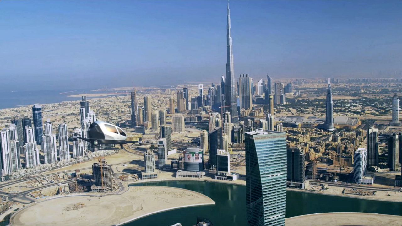 Dubai has become a testing ground for future transport technology. Here, a flying taxi is pictured above the city.