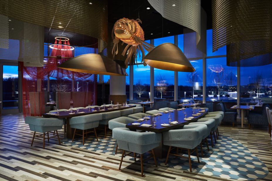 Aquatic accents set the stage at Fish By José Andrés, one of three chef-driven eateries at MGM National Harbor.