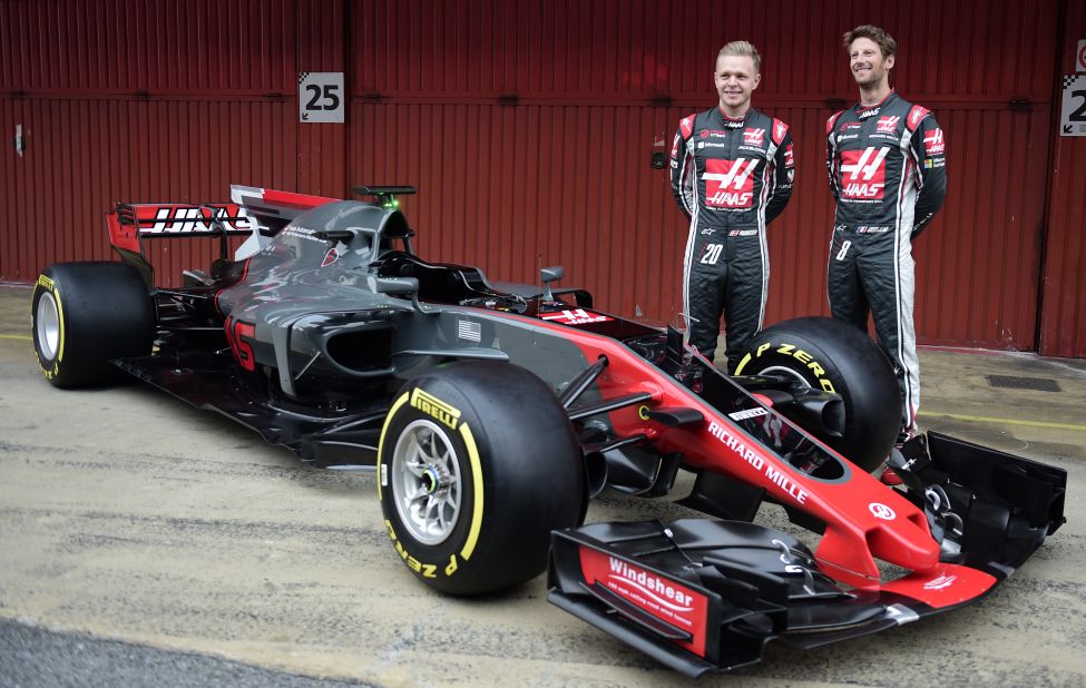The American Haas F1 team launched its new car on the opening day of preseason testing in Barcelona on February 27. French Romain Grosjean is pictured with new Danish teammate Kevin Magnussen (left).