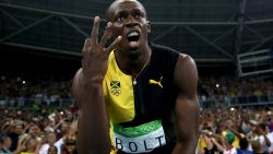 Usain Bolt celebrates after winning the men's 4x100m relay at Rio 2016