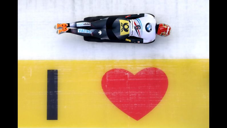 Jacqueline Lolling, a German skeleton racer, speeds down the track during the World Championships in Konigssee, Germany, on Saturday, February 25. The 22-year-old finished in first to become the sport's youngest-ever female world champion.