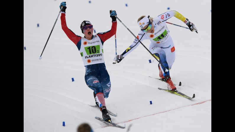 American cross-country skier Jessica Diggins edges Sweden's Stina Nilsson for third place during a team event at the World Championships on Sunday, February 26.