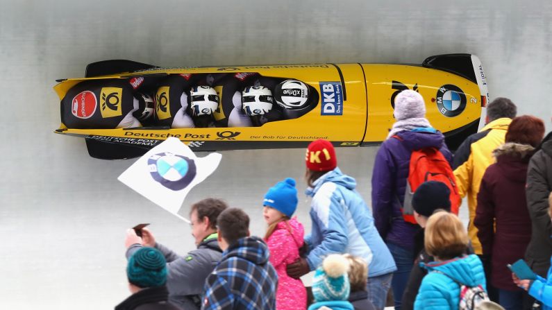 A German bobsled team, piloted by Francesco Friedrich, competes at the World Championships in Konigssee, Germany, on Sunday, February 26. It tied for gold with another German team.