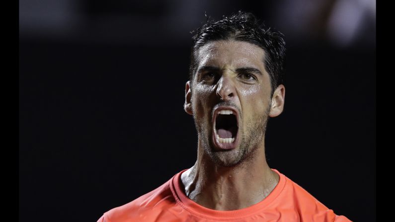 Thomaz Bellucci celebrates after he defeated top-seeded Kei Nishikori at the Rio Open in Brazil on Tuesday, February 21.