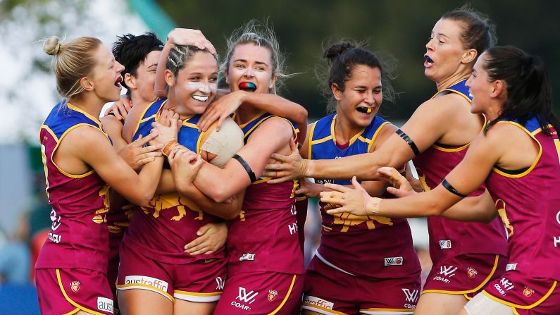 The Brisbane Lions celebrate Jordan Membrey's goal during an Australian Football League match against Greater Western Sydney on Saturday, February 25. Brisbane won by 34 points.