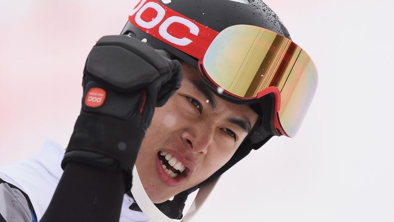South Korean skier Kim Hyeon-tae celebrates after his second-place slalom finish at the Asian Winter Games on Saturday, February 25. 