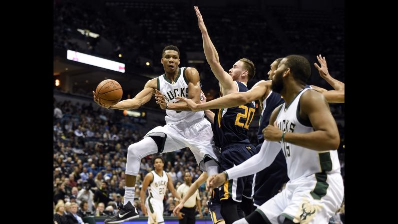 Milwaukee star Giannis Antetokounmpo eludes Utah defenders during an NBA game in Milwaukee on Friday, February 24.