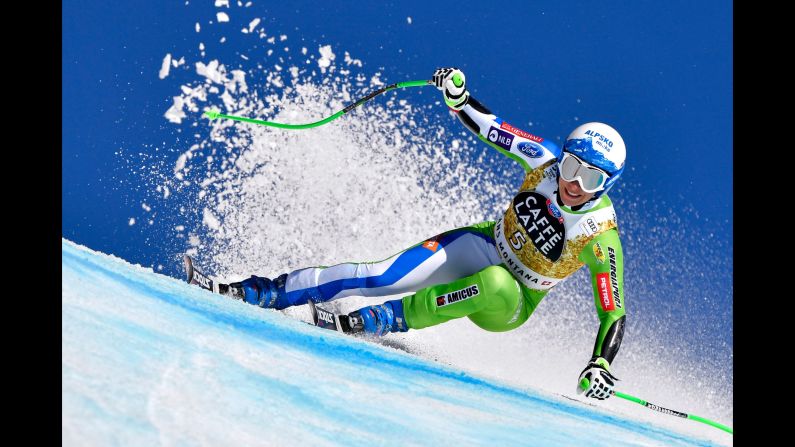 Slovenian skier Ilka Stuhec makes a turn during a World Cup super-G race in Crans-Montana, Switzerland, on Saturday, February 25. She finished in first place.