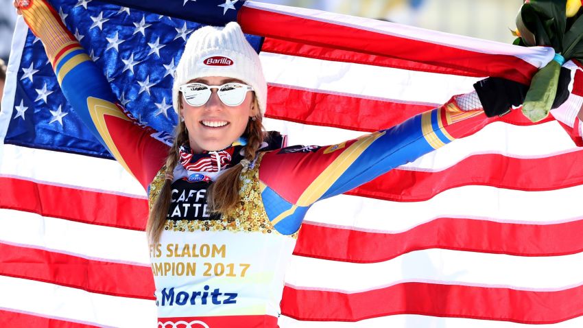 ST MORITZ, SWITZERLAND - FEBRUARY 18: Mikaela Shiffrin of The United States celebrates winning the gold medal after the flower ceremony in the Women's Slalom during the FIS Alpine World Ski Championships on February 18, 2017 in St Moritz, Switzerland. (Photo by Alexander Hassenstein/Getty Images)