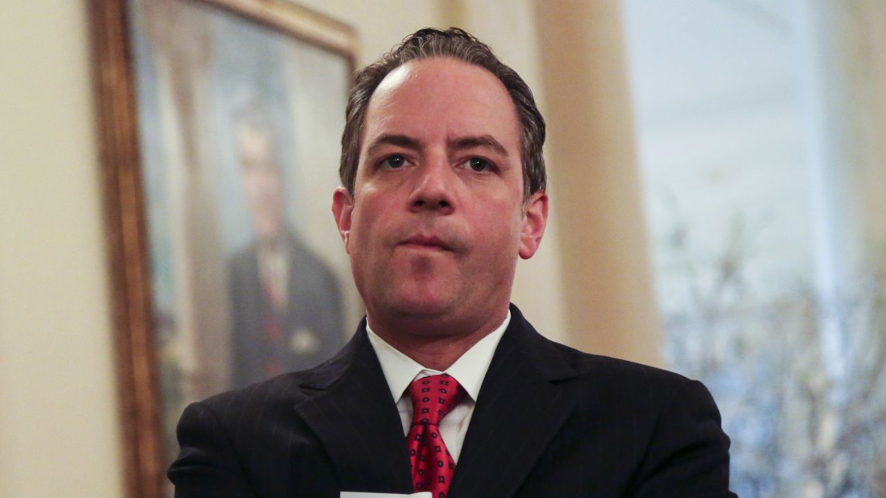 White House Chief of Staff Reince Priebus stands as President Donald Trump speaks during the National Governors Association meeting in the State Dining Room of the White House, February 27, 2017 in Washington, DC. 