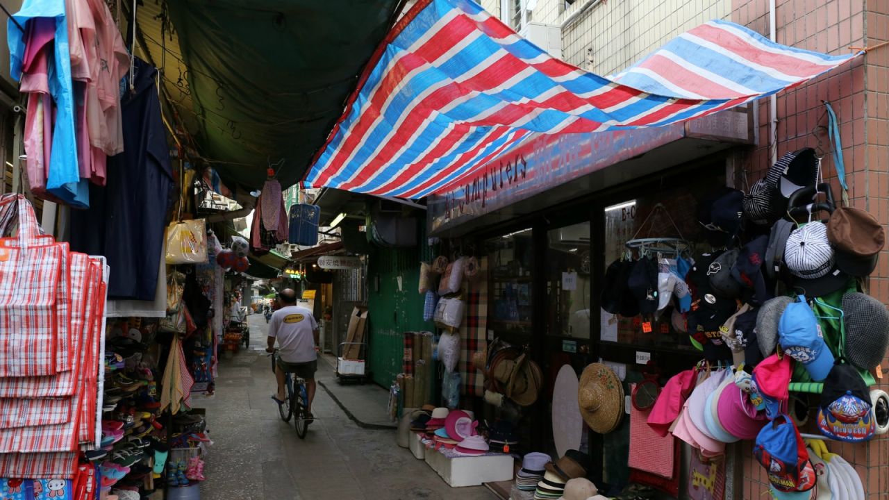 Hanging out the red white and blue on Peng Chau's commercial thoroughfare.