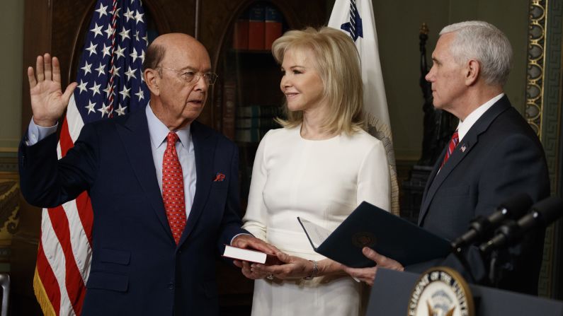 Pence swears in new Commerce Secretary Wilbur Ross as Ross' wife, Hilary, stands by on Tuesday, February 28. The billionaire <a href="index.php?page=&url=http%3A%2F%2Fmoney.cnn.com%2F2017%2F02%2F27%2Finvesting%2Fwilbur-ross-commerce-secretary-confirmation-senate%2F" target="_blank">was confirmed by the Senate</a> by a vote of 72-27.