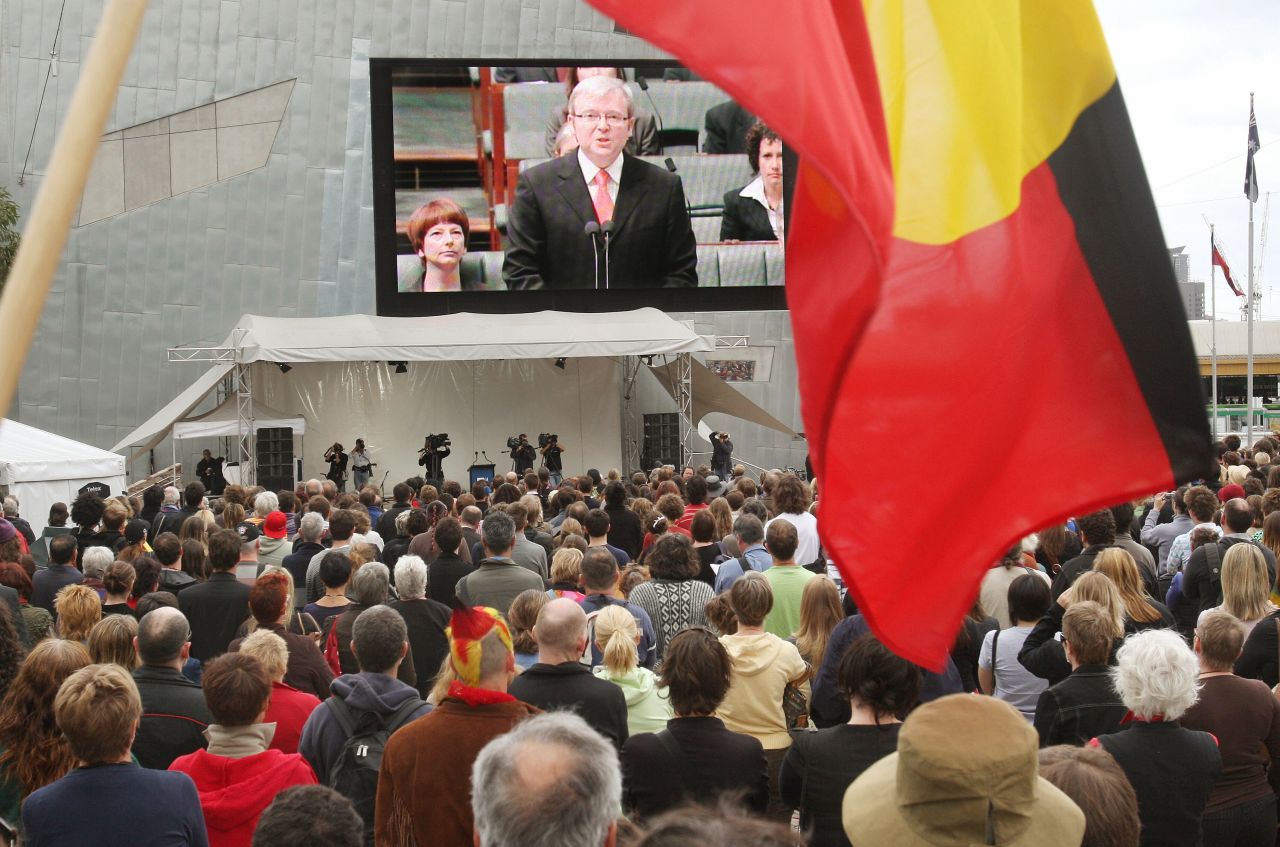 On February 13, 2008, Prime Minister Kevin Rudd<a href="http://edition.cnn.com/2008/WORLD/asiapcf/02/12/australia.text/index.html"> delivered a historic apology in parliament</a> to the Aboriginal people for injustices committed over two centuries of white colonization. The apology was viewed as a watershed moment in Australia, with major television networks airing it live and crowds gathering around huge screens in major cities to witness the event.