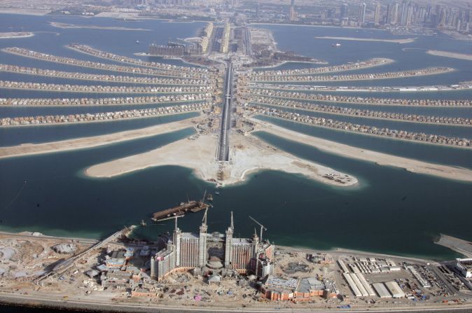 This is a view of the Palm Jumeirah after its completion in 2007. It was the first offshore development of its kind and has villas, hotels, shopping malls and its very own monorail. 