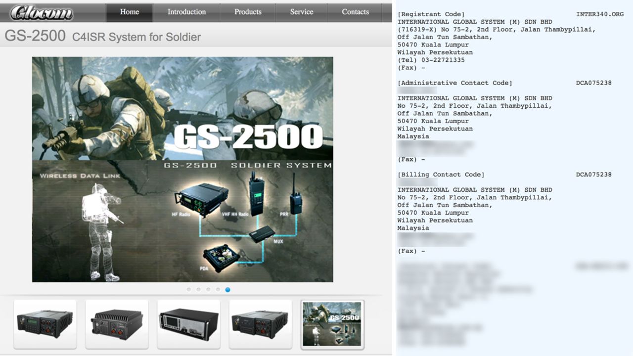 A screenshot of Glocom's Malaysian website, alongside registration details tying the domain to International Global Systems.