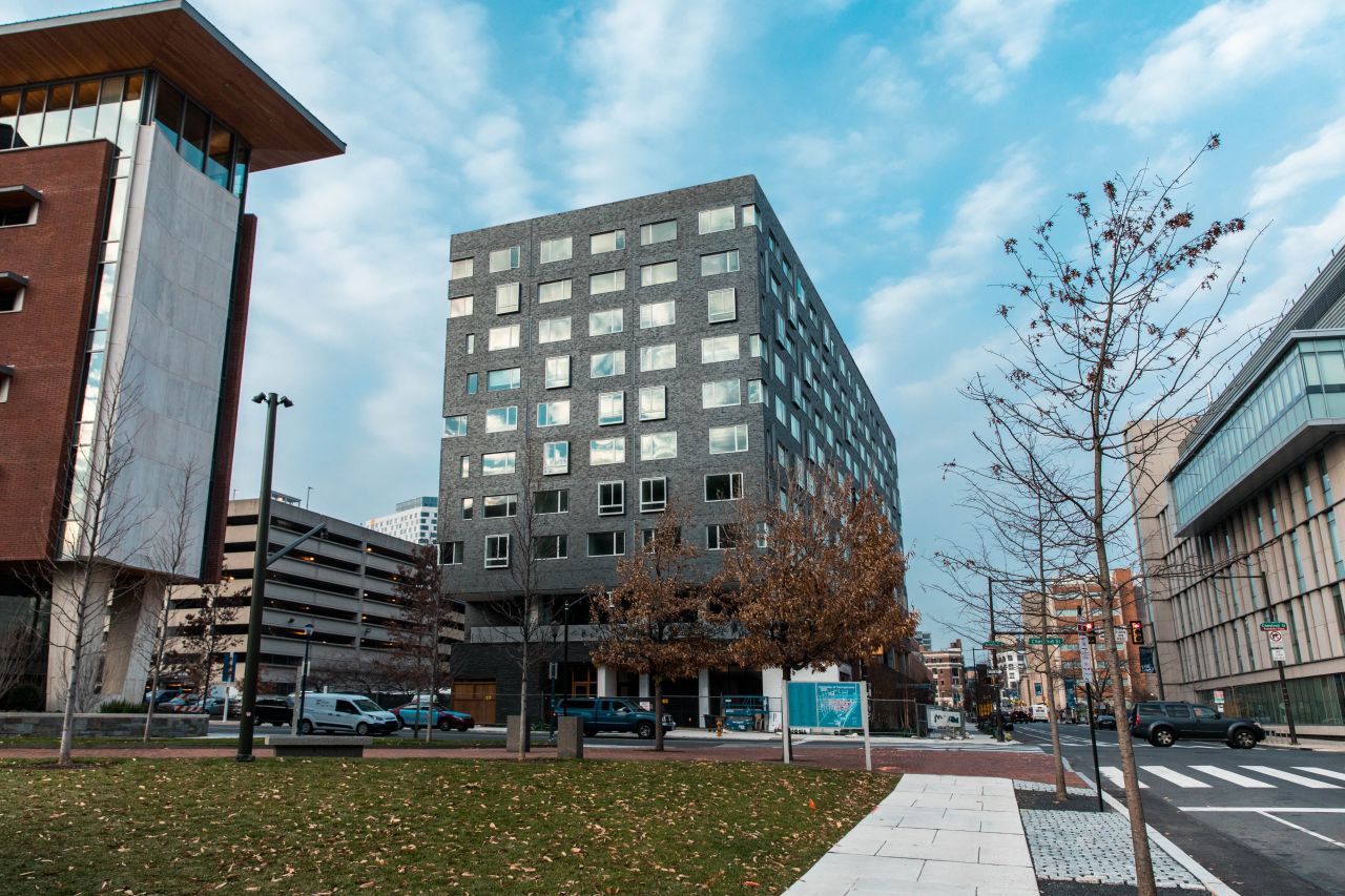 The Philadelphia property is the second Study Hotel. Housed in a boxy building with a slate brick and split-face granite exterior, The Study at University City sits at the corner of 33rd and Chestnut streets.