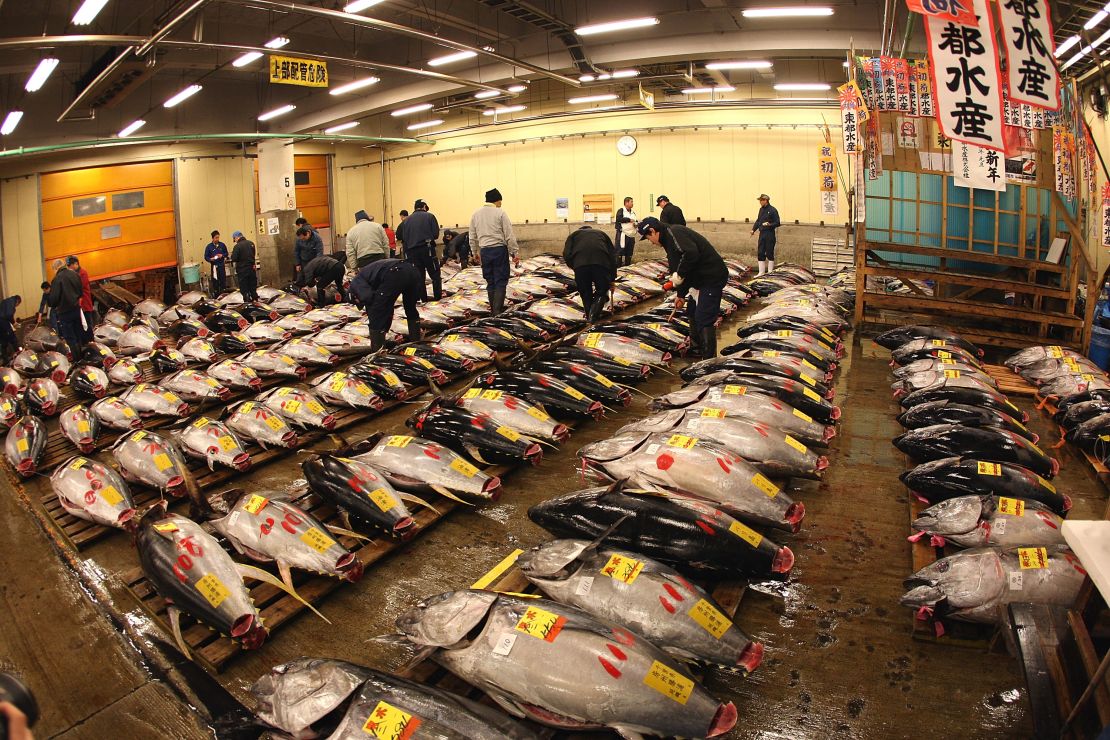 Tsukiji fish market handles close to 3,000 tons of fish a day. 