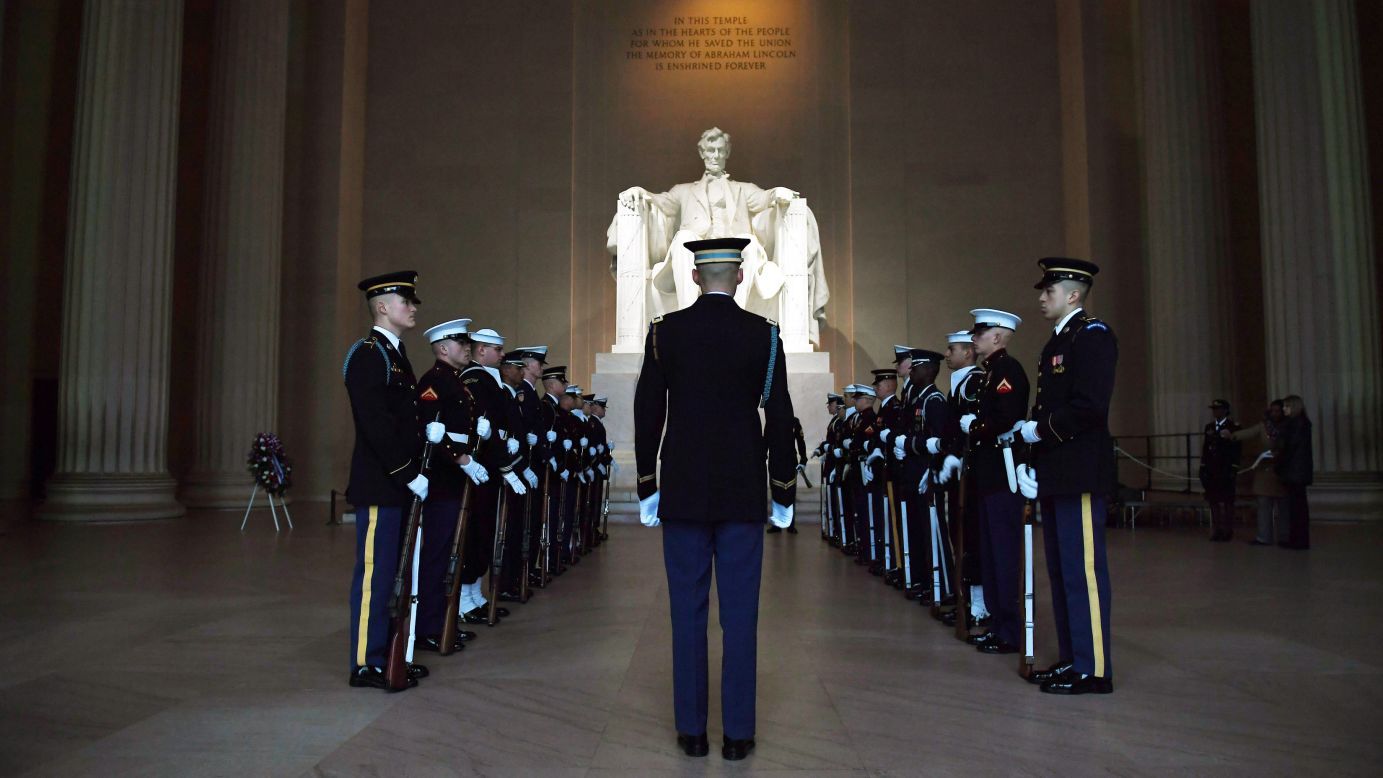 Members of a ceremonial honor guard rehearse for a wreath-laying ceremony at the Lincoln Memorial in Washington on Sunday, February 12. It was Abraham Lincoln's birthday.