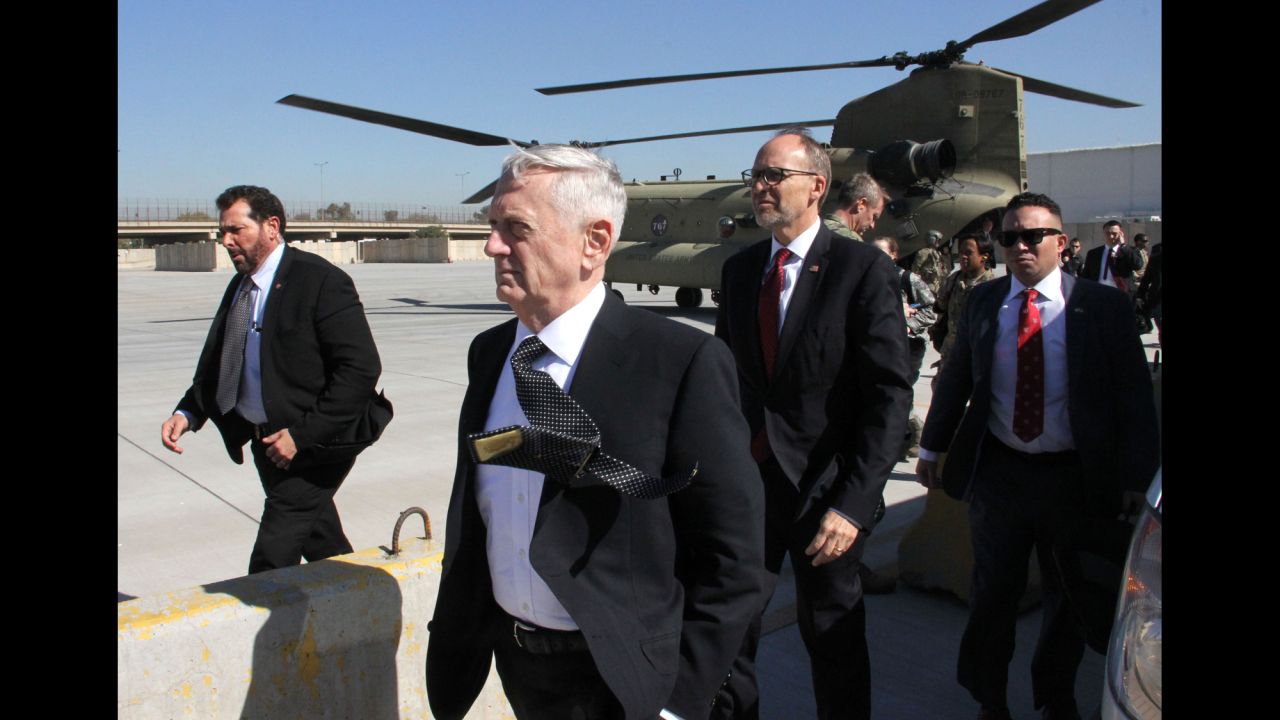 US Defense Secretary James Mattis, second from left, arrives in Baghdad, Iraq, on Monday, February 20. Mattis told reporters that he was <a href="http://www.cnn.com/2017/02/20/politics/mattis-baghdad-visit/" target="_blank">heading to Baghdad</a> "because I need to get current on the situation there, the political situation, the enemy situation and the friendly situation." Mattis said he wanted to speak with the Iraqi political leadership and US partners.
