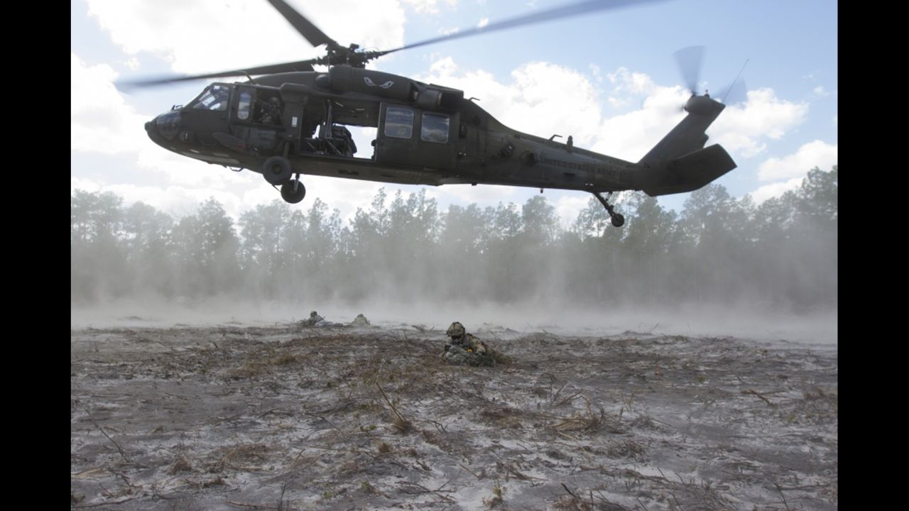 US soldiers practice an air assault in Fort Stewart, Georgia, on Friday, February 24.