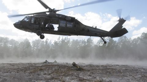 A UH-60 Black Hawk crew trains at Fort Stewart, Georgia.