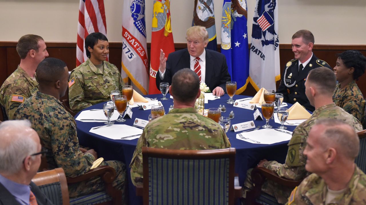 President Trump has lunch with troops Monday, February 6, during a visit to US Central Command, which is headquartered at MacDill Air Force Base in Tampa, Florida.