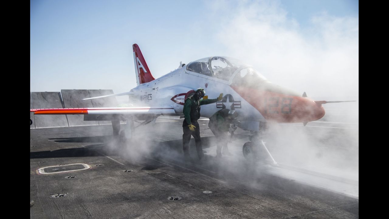 A T-45C Goshawk prepares to launch from the flight deck of the USS Dwight D. Eisenhower on Thursday, February 9.