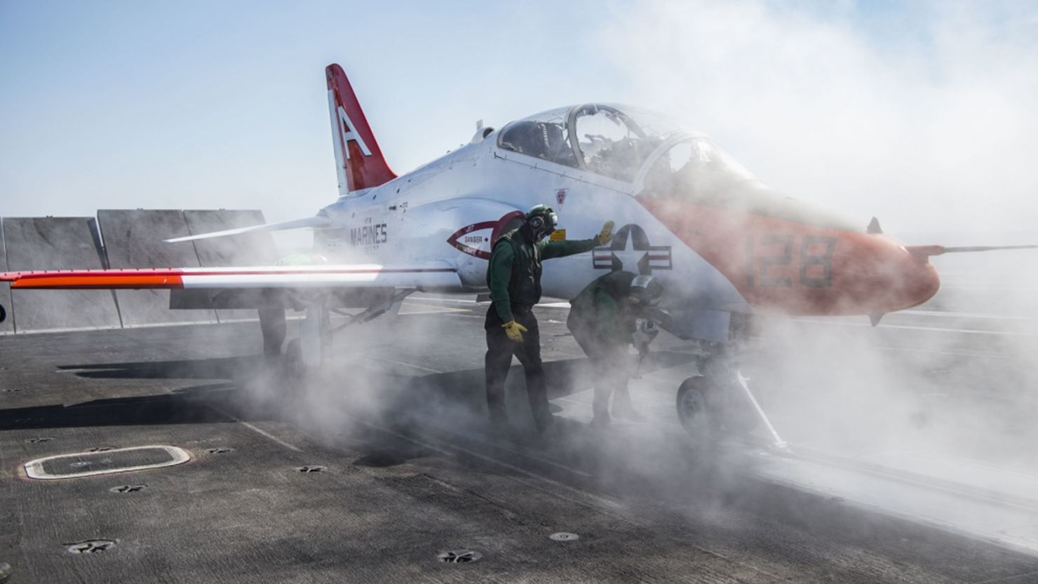  A T-45C Goshawk assigned to Carrier Training Wing 1 prepares to launch from the flight deck of the aircraft carrier USS Dwight D. Eisenhower.