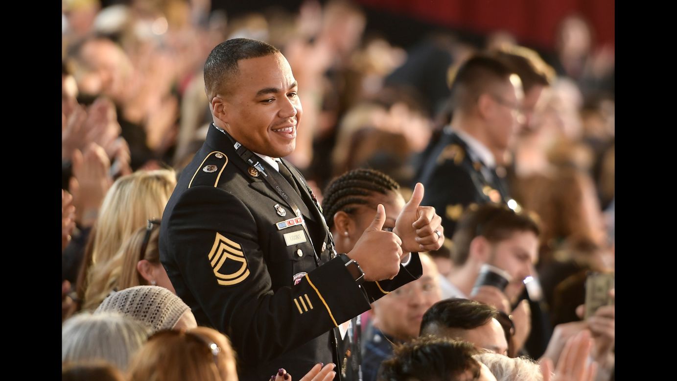 A US service member attends the <a href="http://www.cnn.com/2017/02/26/entertainment/gallery/oscars-2017-show-and-winners/index.html" target="_blank">Academy Awards</a> in Hollywood on Sunday, February 26.
