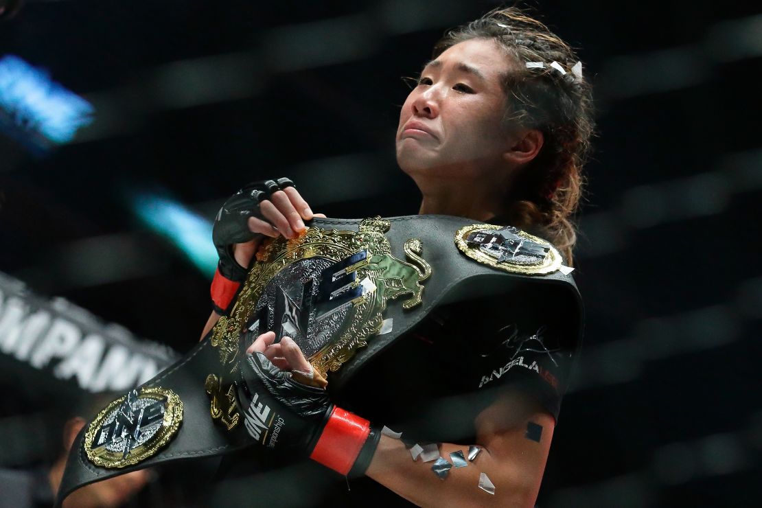 Lee reacts after defeating Mei Yamaguchi in the May 2016 women's atomweight world championship bout during One Championship: Ascent to Power in Singapore.
