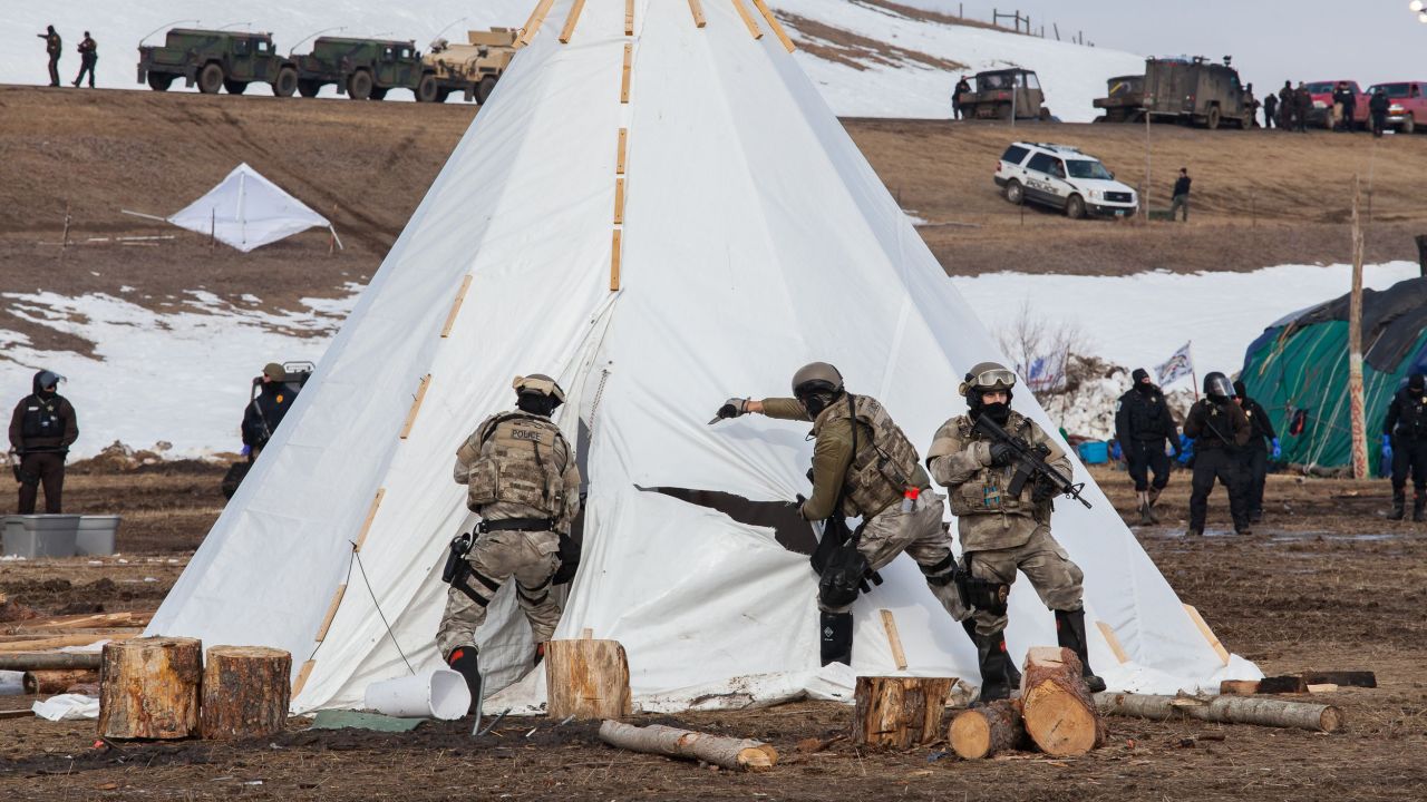 The National Guard and police move into the Oceti Sakowin campsite in Cannon Ball, North Dakota, on Wednesday, February 22. Activists have occupied the area for months to protest the Dakota Access Pipeline, but the state <a href="http://www.cnn.com/2017/02/22/us/dakota-access-pipeline-evacuation-order/" target="_blank">recently ordered an emergency evacuation</a> to allow private contractors to remove waste from the camp area.
