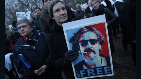 Protesters outside the Turkish Embassy in Berlin Tuesday to demand Yucel's release.