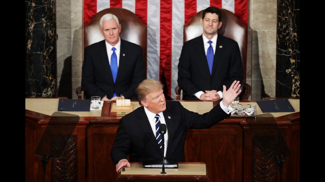 US President Donald Trump addresses a joint session of Congress for the first time on Tuesday, February 28. Behind him, from left, are Vice President Mike Pence and House Speaker Paul Ryan.
