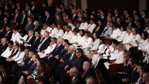 WASHINGTON, DC:  Members of congress wear white to honor the women's suffrage movement and support women's rights as President Donald Trump addresses a joint session of the U.S. Congress on February 28, 2017 (Photo by Win McNamee/Getty Images)