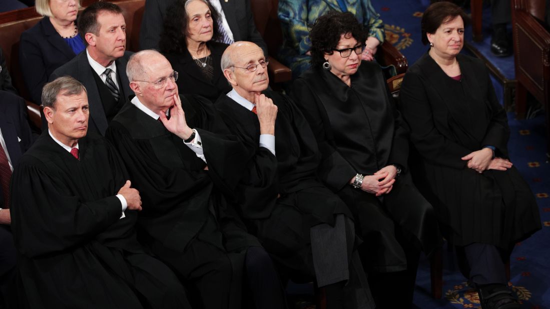 Supreme Court justices watch the speech. From left, in front, are John Roberts, Anthony Kennedy, Stephen Breyer, Sonia Sotomayor and Elena Kagan.