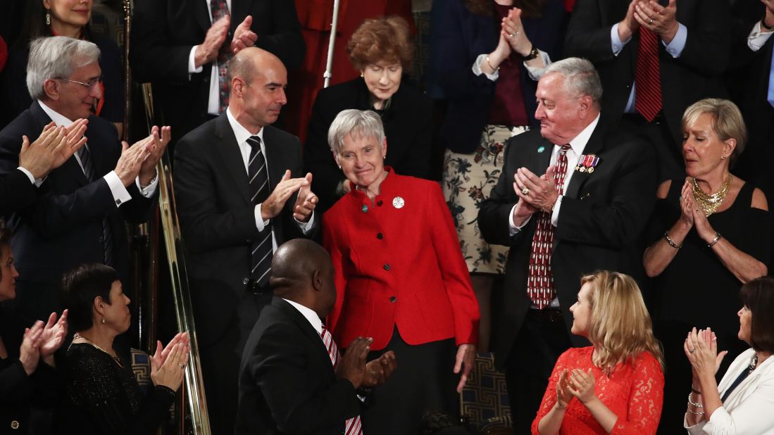 Maureen Scalia, the widow of late Supreme Court Justice Antonin Scalia, is applauded during the speech.