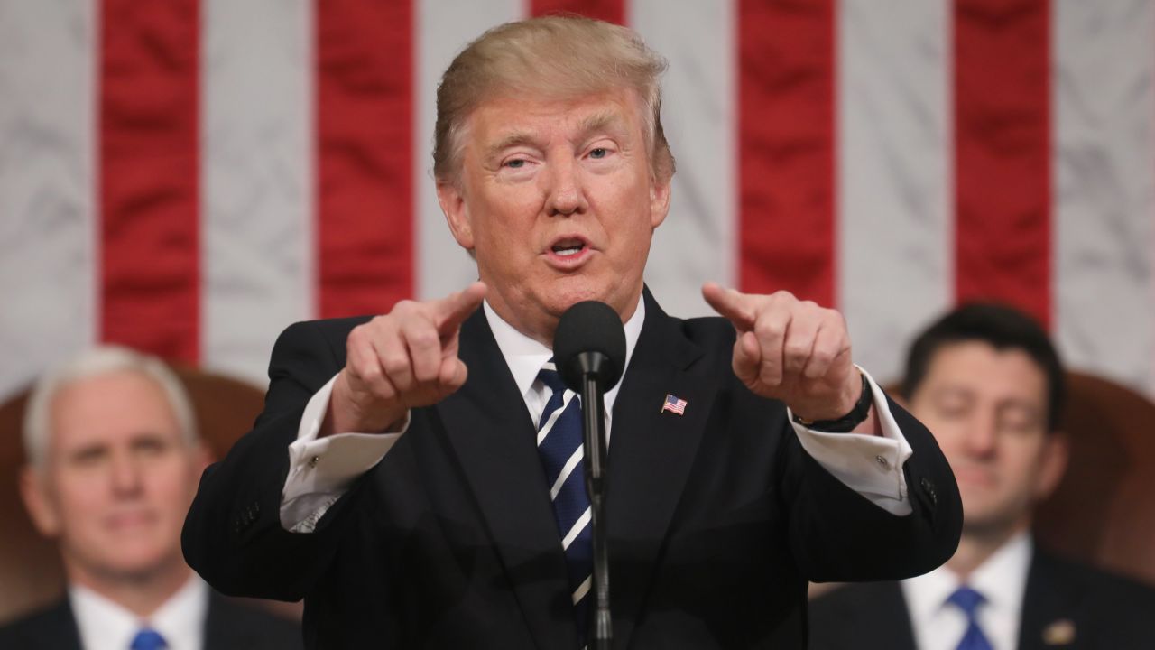 WASHINGTON, DC - FEBRUARY 28:  (AFP OUT) U.S. President Donald J. Trump (C) delivers his first address to a joint session of the U.S. Congress as U.S. Vice President Mike Pence (L) and Speaker of the House Paul Ryan (R) listen on February 28, 2017 in the House chamber of the U.S. Capitol in Washington, DC. Trump's first address to Congress focused on national security, tax and regulatory reform, the economy, and healthcare. (Photo by Jim Lo Scalzo - Pool/Getty Images)