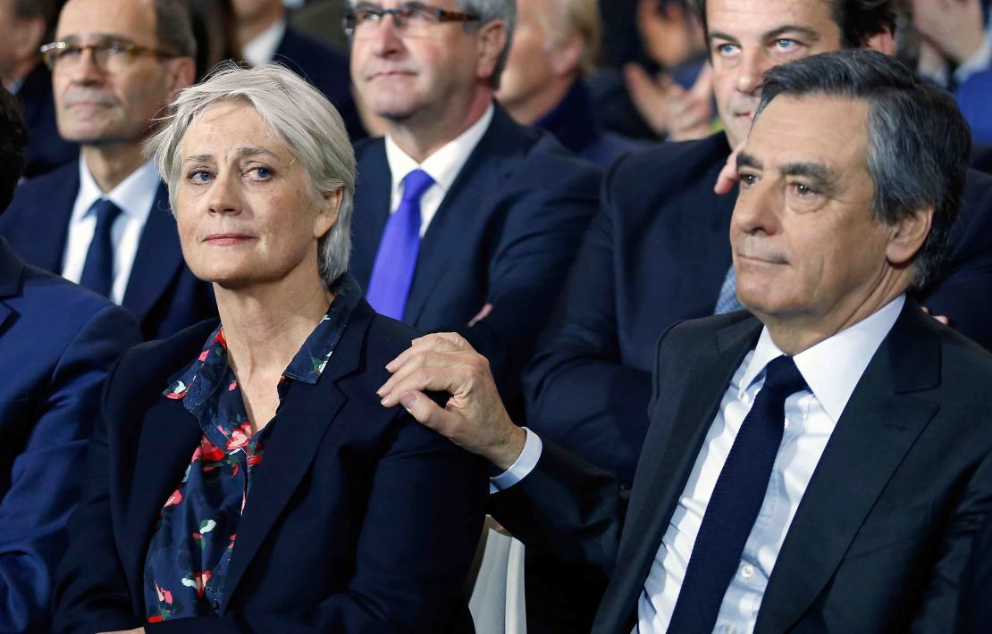 Francois Fillon and his wife Penelope Fillon at a campaign meeting on January 29 in Paris.