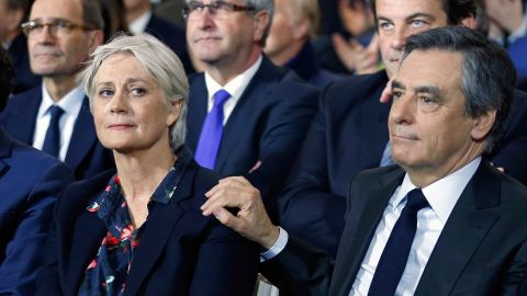 Francois Fillon and his wife Penelope Fillon at a campaign meeting on January 29 in Paris.