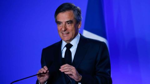 Presidential candidate Francois Fillon gives a press conference at his campaign headquarters in Paris on Wednesday.