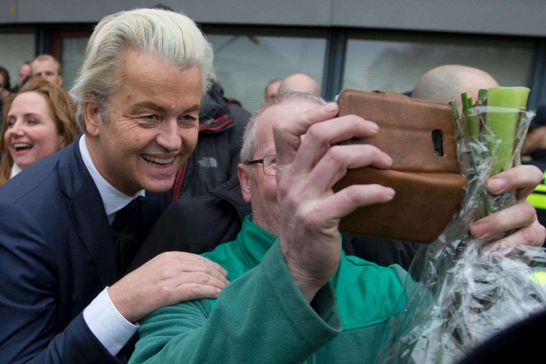 Geert Wilders poses for a selfie in Spijkenisse, near Rotterdam, on February 18.