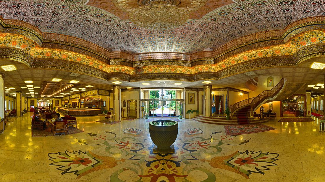 <strong>An ancient Silk Road pit stop: </strong>The Abbasi Hotel is located in the ancient city of Esfahan. It was built under the reign of Shah Sultan Husayn of the Safavid dynasty and offered a pit stop for merchants traveling the ancient Silk Road. Here is a stitched panorama photo of the hotel lobby. (photo by <a href="https://www.instagram.com/alagheband/" target="_blank" target="_blank">Fariborz Alagheband</a>)