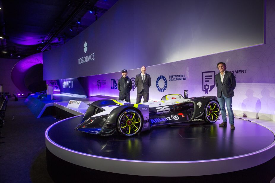 The car was unveiled at the Mobile World Congress in Barcelona. Denis Sverdlov, Roborace CEO (left) CDO Daniel Simon (center), and Formula E CEO Alejandro Agag (right) attended the car's launch.