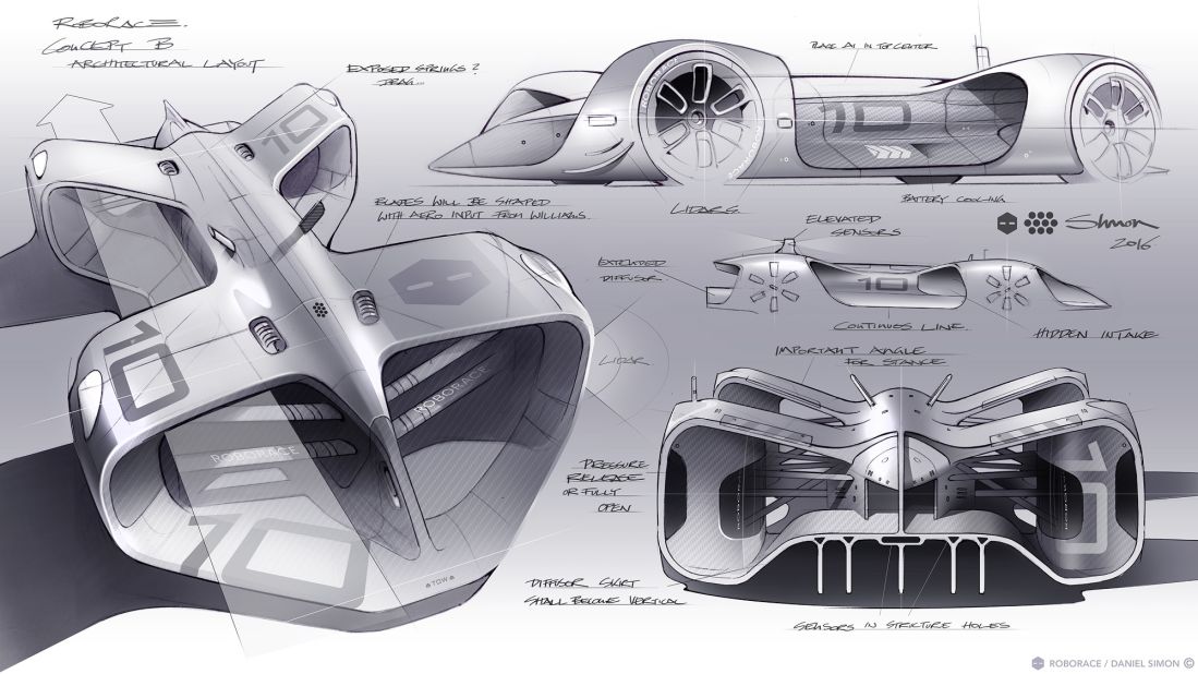 A collection of concept sketches of the autonomous car by Daniel Simon.  