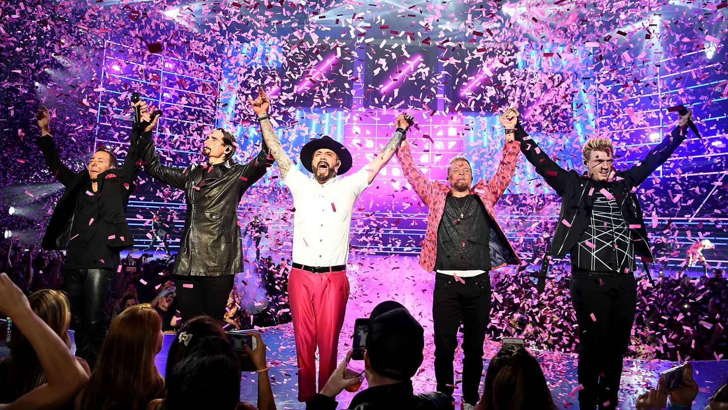 Singers Howie Dorough, Kevin Richardson, AJ McLean, Brian Littrell and Nick Carter of the Backstreet Boys perform during the launch of the group's residency "Larger Than Life" at The Axis at Planet Hollywood Resort & Casino on March 1, 2017 in Las Vegas, Nevada.