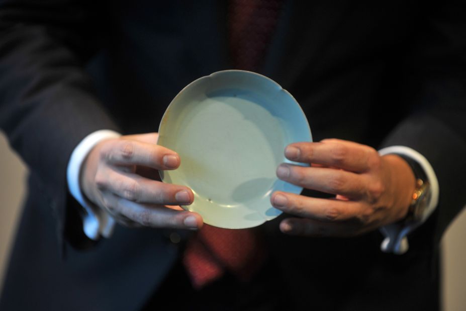 This rare Chinese porcelain Ru <em>guanyao</em> brush washer dish from the Northern Song Dynasty (960 to 1127) sold for $26.7 million (HK$207,860,000) at a Sotheby's 2012 auction in Hong Kong, a record price for Song ceramics. 