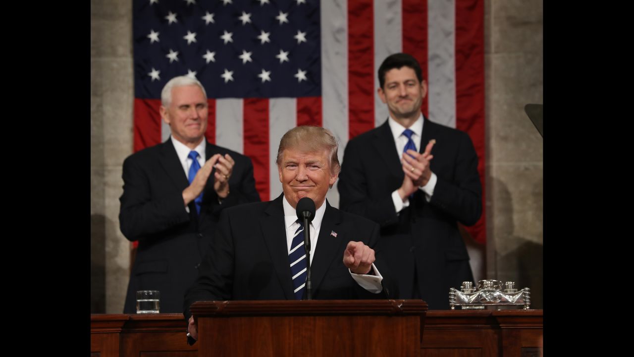 US President Donald Trump <a href="http://www.cnn.com/2017/02/28/politics/gallery/trump-joint-address-congress/index.html" target="_blank">addresses a joint session of Congress</a> for the first time on Tuesday, February 28. Behind him, from left, are Vice President Mike Pence and House Speaker Paul Ryan.
